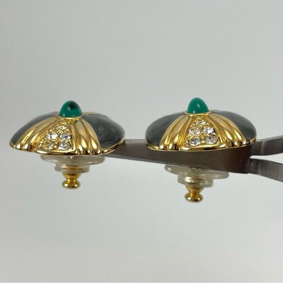 Vintage Kenneth Jay Lane for Avon Green Glass Cabochon Gray Enamel Earrings - Picture 4 of 8